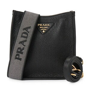 Prada leather shoulder bag black logo print woven tape strap